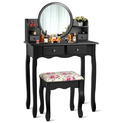 Tangkula Vanity Table Set W/Detachable Mirror & Stool Black/White 3 Tangkula Vanity Table Set W/Detachable Mirror & Stool Black/White