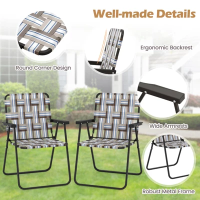 Tangkula Set Of 4 Webbed Lawn Chairs, Outdoor Patio Folding Chairs W/ Heavy-Duty Metal Frame Lightweight Portable Web Camping Chairs Brown/Blue/Red 4 Tangkula Set Of 4 Webbed Lawn Chairs, Outdoor Patio Folding Chairs W/ Heavy-Duty Metal Frame Lightweight Portable Web Camping Chairs Brown/Blue/Red - Image 2