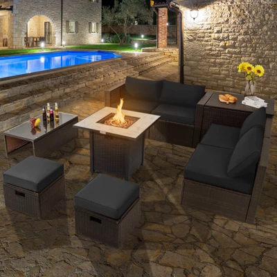 Tangkula 9 PCS Outdoor Patio Furniture Set W/ 30" Propane Fire Pit Table PE Wicker Space-Saving Sectional Sofa W/ Storage Box And Cushions Black/Gray/Navy/Red/Turquoise/Off White 3 Tangkula 9 PCS Outdoor Patio Furniture Set W/ 30" Propane Fire Pit Table PE Wicker Space-Saving Sectional Sofa W/ Storage Box And Cushions Black/Gray/Navy/Red/Turquoise/Off White