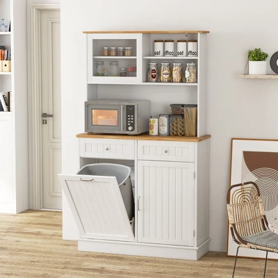 Tangkula Double Tilt Out Trash Cabinet W/ Hutch Kitchen Pantry Storage Cabinet White 11 Tangkula Double Tilt Out Trash Cabinet W/ Hutch Kitchen Pantry Storage Cabinet White - Image 9