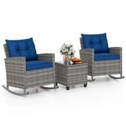 Tangkula Set Of 3 Wicker Rocking Set Patio W/ Tempered Glass Table & Soft Cushions -Tangkula GUEST 4502b8f4 a139 4fa2 8a15 464d9a402568