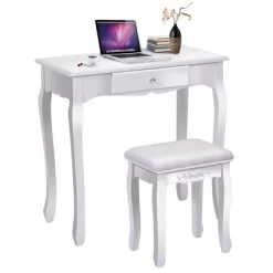 Tangkula White Vanity Mirror Wood Makeup Dressing Table Stool Set White (Mirror, 3 Drawers, Stool)