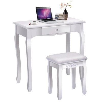 Tangkula White Vanity Mirror Wood Makeup Dressing Table Stool Set White (Mirror, 3 Drawers, Stool) 3 Tangkula White Vanity Mirror Wood Makeup Dressing Table Stool Set White (Mirror, 3 Drawers, Stool)