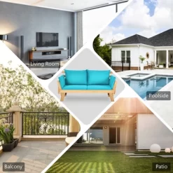 Tangkula Adjustable Patio Sofa Daybed Acacia Wood Furniture W/ Navy & Turquoise Sets Cushion -Tangkula GUEST 4643c84d d04e 4717 88fd fab1a6d1d253