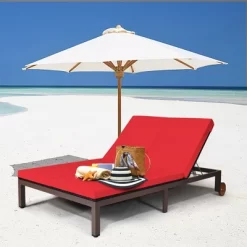 Tangkula Adjustable Patio Rattan 2 Person Recliner Lounge Chair W/ Red Cushion Wheel