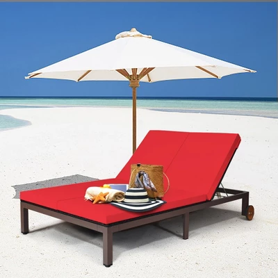 Tangkula Adjustable Patio Rattan 2 Person Recliner Lounge Chair W/ Red Cushion Wheel 3 Tangkula Adjustable Patio Rattan 2 Person Recliner Lounge Chair W/ Red Cushion Wheel