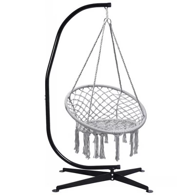Tangkula Hammock Chair Hanging Cotton Rope Macrame Swing Chair W/ Stand Gray 6 Tangkula Hammock Chair Hanging Cotton Rope Macrame Swing Chair W/ Stand Gray - Image 4