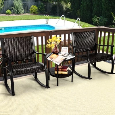 Tangkula 3-Piece Wicker Rocking Bistro Set Outdoor Conversation Set With Coffee Table 3 Tangkula 3-Piece Wicker Rocking Bistro Set Outdoor Conversation Set With Coffee Table
