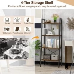 Tangkula 4-Tier Ladder Bookshelf Industrial Wooden Bookcase With Metal Frame Anti-Toppling Device Rack Rustic Brown/Gray Oak -Tangkula GUEST 49169c44 e4ab 4f1b b257 dbb8685d44a9