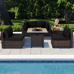 Tangkula 6 PCS Patio Wicker Furniture Set With 30" Gas Fire Pit Table 50,000 BTU Black/Red/Turquoise/Navy/White Cushions 16 Tangkula 6 PCS Patio Wicker Furniture Set With 30" Gas Fire Pit Table 50,000 BTU Black/Red/Turquoise/Navy/White Cushions -Tangkula GUEST 49be32f1 59b4 4f76 a5f0 e009f1357e01