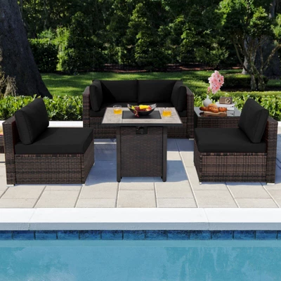 Tangkula 6 PCS Patio Wicker Furniture Set With 30" Gas Fire Pit Table 50,000 BTU Black/Red/Turquoise/Navy/White Cushions 4 Tangkula 6 PCS Patio Wicker Furniture Set With 30" Gas Fire Pit Table 50,000 BTU Black/Red/Turquoise/Navy/White Cushions - Image 2