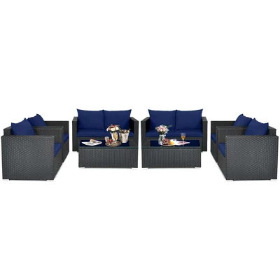 Tangkula Set Of 8 Patio Rattan Conversation Furniture Set Outdoor Wicker Sofa Set With Padded Cushion & Tempered Glass Coffee Table Navy 6 Tangkula Set Of 8 Patio Rattan Conversation Furniture Set Outdoor Wicker Sofa Set With Padded Cushion & Tempered Glass Coffee Table Navy - Image 4