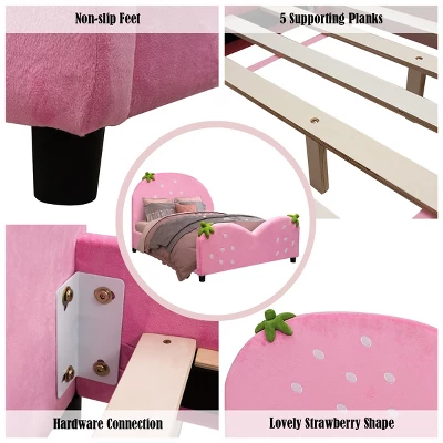 Tangkula Pink Kids Upholstered Twin Bed Toddler Bed With Adjustable Non-slip Feet 6 Tangkula Pink Kids Upholstered Twin Bed Toddler Bed With Adjustable Non-slip Feet - Image 4