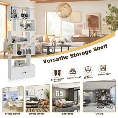 Tangkula 2PCS 6-tier Geometric Bookcase S-shaped Z-shelf Bookshelf Cabinet W/ Doors White 9 Tangkula 2PCS 6-tier Geometric Bookcase S-shaped Z-shelf Bookshelf Cabinet W/ Doors White - Image 7