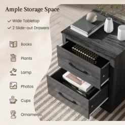 Tangkula Set Of 2 Drawer Nightstand Bedside Table Compact Sofa End Table Oak Dark Grey