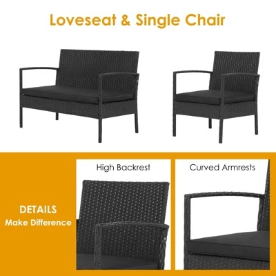 Tangkula Patio Rattan 4PCS Cushioned Chair Side Table Set Bistro Set Classic Furniture Single Sofa Thick Cushion Loveseat For Garden Black/Grey 6 Tangkula Patio Rattan 4PCS Cushioned Chair Side Table Set Bistro Set Classic Furniture Single Sofa Thick Cushion Loveseat For Garden Black/Grey - Image 4