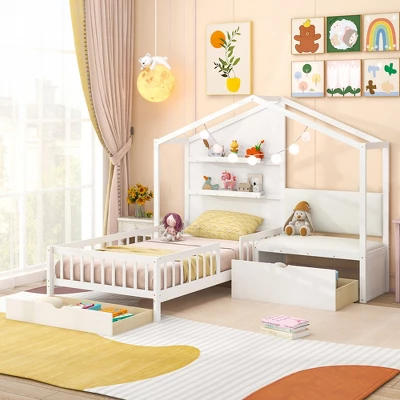Tangkula Twin Size House Bed Kids Platform Bed W/ Padded Bench & Floating Shelves 4 Tangkula Twin Size House Bed Kids Platform Bed W/ Padded Bench & Floating Shelves - Image 2