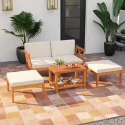 Tangkula 5 Pieces Patio Lounge Chair Set W/Ottomans Acacia Wood Patio Conversation Set W/Cushions Coffee Table Modular Outdoor Lounge Sofa Set