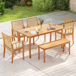 Tangkula 63" Outdoor Dining Table W/ Umbrella Hole Slatted Tabletop For Backyard -Tangkula GUEST 4b71fb67 f699 4b5f a80d 44c319945f03