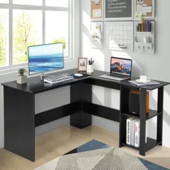 Tangkula L-Shaped Office Computer Desk W/ Spacious Desktop & 2-Tier Open Shelves Black