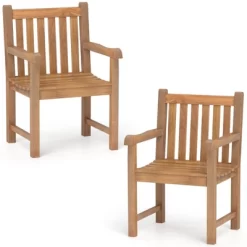 Tangkula 2 PCS Teak Wood Patio Dining Chair Outdoor Armchair W/ Slatted Seat & Solid Legs -Tangkula GUEST 4c5e0738 4dd5 4220 848b ec1ded18f00f