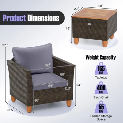 Tangkula Set Of 3 Rattan Bistro Furniture Set Solid Acacia Wood Table Top Cushioned Sofa Patio 10 Tangkula Set Of 3 Rattan Bistro Furniture Set Solid Acacia Wood Table Top Cushioned Sofa Patio - Image 8