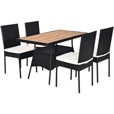 Tangkula 5PCS Outdoor Rattan Wicker Dining Set Acacia Wood Table & 4 Chairs With Cushions 4 Tangkula 5PCS Outdoor Rattan Wicker Dining Set Acacia Wood Table & 4 Chairs With Cushions - Image 2