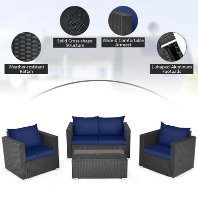 Tangkula Set Of 8 Patio Rattan Conversation Furniture Set Outdoor Wicker Sofa Set With Padded Cushion & Tempered Glass Coffee Table Navy 3 Tangkula Set Of 8 Patio Rattan Conversation Furniture Set Outdoor Wicker Sofa Set With Padded Cushion & Tempered Glass Coffee Table Navy