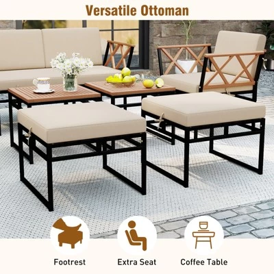 Tangkula Set Of 7 Outdoor Furniture Set Patio Acacia Wood Cushioned Sectional Sofa Set With Square Coffee Table And Ottomans 4 Tangkula Set Of 7 Outdoor Furniture Set Patio Acacia Wood Cushioned Sectional Sofa Set With Square Coffee Table And Ottomans - Image 2