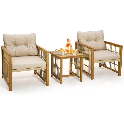 Tangkula 3PCS Patio Acacia Wood PE Wicker Furniture Set W/ Soft Seat & Back Cushions 12 Tangkula 3PCS Patio Acacia Wood PE Wicker Furniture Set W/ Soft Seat & Back Cushions - Image 10