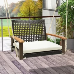 Tangkula Rattan Porch Swing Patio Wicker Single Hanging Seat W/ Seat Cushion & Acacia Wood Armrests