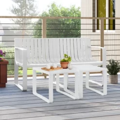Tangkula 3 PCS Patio Furniture Set W/1 Loveseat & 2 Side Tables All-Weather Bistro Set White