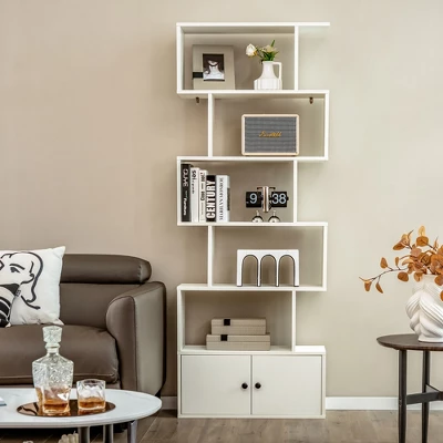 Tangkula 2PCS 6-tier Geometric Bookcase S-shaped Z-shelf Bookshelf Cabinet W/ Doors White 5 Tangkula 2PCS 6-tier Geometric Bookcase S-shaped Z-shelf Bookshelf Cabinet W/ Doors White - Image 3