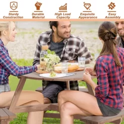 Tangkula 6-Person Outdoor Wooden Picnic Table W/ 3 Benches & Solid Wood Table, Circular Outdoor Dining Table W/ Umbrella Hole -Tangkula GUEST 5062c0f9 4430 4bf7 9959 1e6e60ec292f