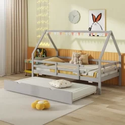 Tangkula Twin Size House Bed W/ Trundle Wooden Kids Bed W/ Safety Rails & Decorable Roof 14 Tangkula Twin Size House Bed W/ Trundle Wooden Kids Bed W/ Safety Rails & Decorable Roof -Tangkula GUEST 50a9b0db 1c12 47a1 819d 0b220a0b4909