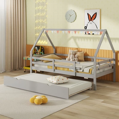 Tangkula Twin Size House Bed W/ Trundle Wooden Kids Bed W/ Safety Rails & Decorable Roof 4 Tangkula Twin Size House Bed W/ Trundle Wooden Kids Bed W/ Safety Rails & Decorable Roof - Image 2
