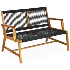 Tangkula 2-Person Outdoor Acacia Wood Bench Patio Loveseat Rope Bench Turquoise/Black -Tangkula GUEST 50fedbe0 ad4d 4627 a0b4 338ae4fd5b68