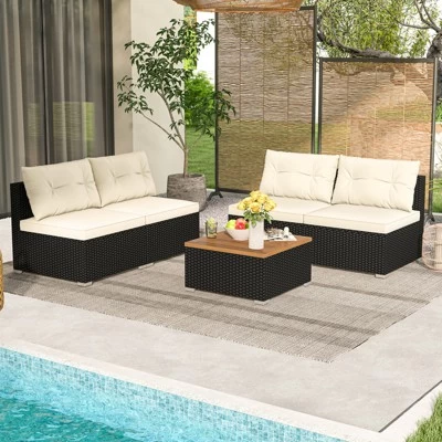 Tangkula 5 Pieces Outdoor Patio Furniture Set Sectional PE Rattan Sofa Set With Cushions And Acacia Wood Coffee Table 4 Tangkula 5 Pieces Outdoor Patio Furniture Set Sectional PE Rattan Sofa Set With Cushions And Acacia Wood Coffee Table - Image 2
