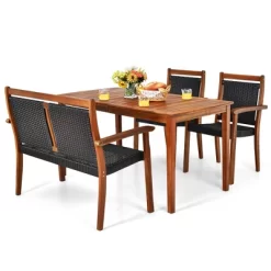 Tangkula 4PCS Patio Dining Set Acacia Wood Rattan Furniture Set W/ Umbrella Hole -Tangkula GUEST 5146e82b 3d57 4912 a181 5131a44436d7
