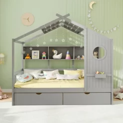 Tangkula Twin Size House Bed Kids Bed Frame W/ 2 Storage Drawers & Fence Guardrails -Tangkula GUEST 5158fd92 8092 4d94 a593 d37290b27416