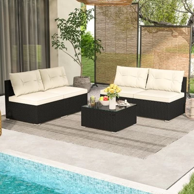 Tangkula 5 Pieces Outdoor Patio Furniture Set Sectional PE Rattan Sofa Set With Cushions And Tempered Glass Coffee Table 3 Tangkula 5 Pieces Outdoor Patio Furniture Set Sectional PE Rattan Sofa Set With Cushions And Tempered Glass Coffee Table