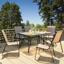 Tangkula 7PCS Patio Dining Furniture Set W/ 6 Stackable Armchairs & Umbrella Hole