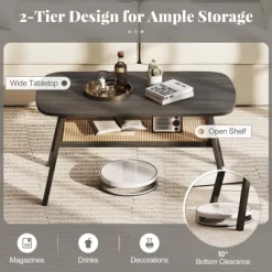 Tangkula 2-Tier Coffee Table W/ Rattan Storage Shelf & Rubber Wood Legs For Living Room 14 Tangkula 2-Tier Coffee Table W/ Rattan Storage Shelf & Rubber Wood Legs For Living Room -Tangkula GUEST 52950ecc b37a 4e35 bb4f 50944466c94c
