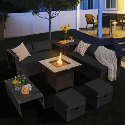 Tangkula 9 Pieces Outdoor PE Rattan Wicker Sectional Sofa With 42" Gas Fire Pit Table Space-Saving Patio Conversation Set With Storage Box Black/Grey/Navy/Red/Turquoise/Off White 3 Tangkula 9 Pieces Outdoor PE Rattan Wicker Sectional Sofa With 42" Gas Fire Pit Table Space-Saving Patio Conversation Set With Storage Box Black/Grey/Navy/Red/Turquoise/Off White