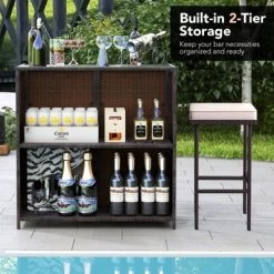 Tangkula 3 Pieces Patio Bar Set PE Wicker Outdoor Bar Table & Stools Set W/ Removable Cushions -Tangkula GUEST 52e0862d 7c3c 4539 b0d7 5ed3f600f267