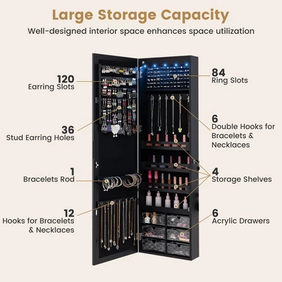 Tangkula Jewelry Armoire W/ Full-Length Mirror W/ Built-in LED Lights Hooks Shelves 5 Tangkula Jewelry Armoire W/ Full-Length Mirror W/ Built-in LED Lights Hooks Shelves - Image 3