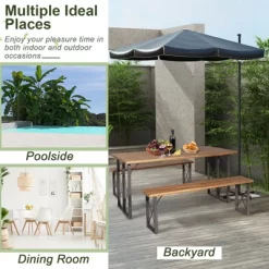 Tangkula 3 Piece Patio Picnic Table Bench Set, Outdoor Camping Table Set W/ Acacia Wood Tabletop & Seat 2” Umbrella Hole -Tangkula GUEST 530aa8a6 5096 4cc4 9cf9 d7309bbb33c0
