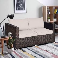 Tangkula 4PCS Rattan Corner Sofa Set Patio Outdoor Furniture Set W/ Beige Cushions -Tangkula GUEST 5310523a 681b 4675 a6b7 c6e8809a6a98