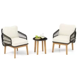 Tangkula 3 Piece Patio Chair Set Wicker Chair & Side Table Set W/ Soft Cushions & Tempered Glass Tabletop -Tangkula GUEST 535e7146 6297 41de 8ea4 3f4b42b610ba