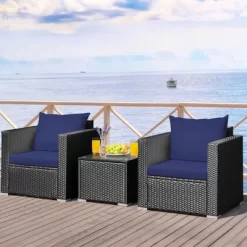 Tangkula 3PCS Rattan Patio Conversation Furniture Set Outdoor W/ Navy Cushions 14 Tangkula 3PCS Rattan Patio Conversation Furniture Set Outdoor W/ Navy Cushions -Tangkula GUEST 539e13f3 e422 4e43 9a51 d896b89514ca